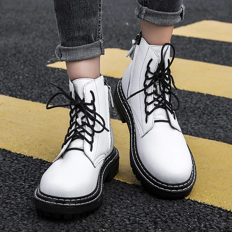 

2019 Winter Genuine Leather Platform Martin Boots Women Keep Warm Non Slip Ankle Boots for Women Black White Motorcycle Boots