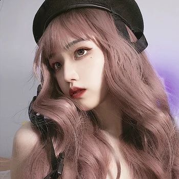 

HUAYA 60CM Lolita Long Wavy Curly/Straight Mixed Brwon pink Ombre Bangs Cute Halloween Synthetic Party Cosplay Wig