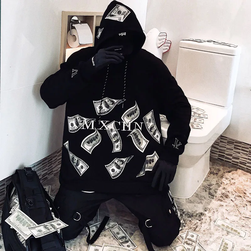 Мода стиль Японский$ мужские толстовки с принтом хлопок Мода длинный рукав черная толстовка