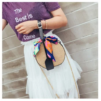 

Beach Hangbags Women Summer Small Female Round Braided Bags Design Bag Top-handle Bags Womens Cross-body Messenger Bag Scarf2019