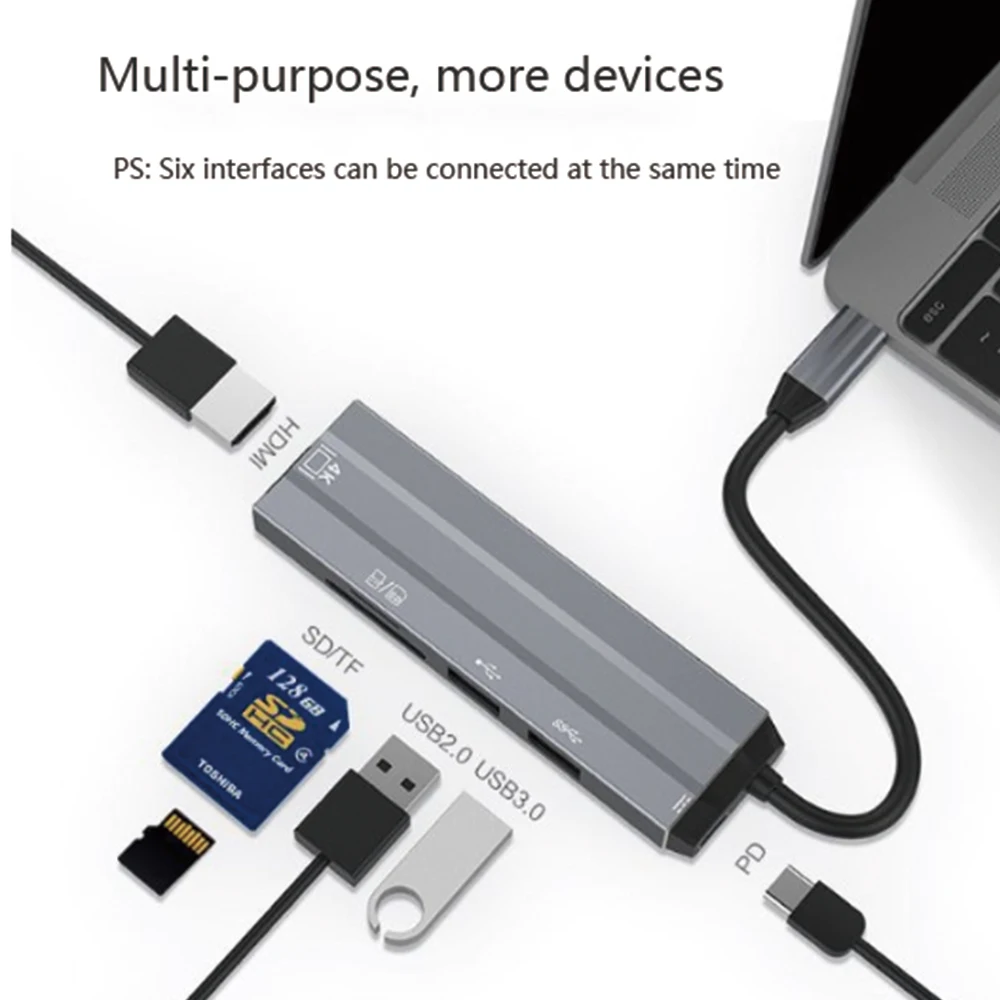 Тип C 6 в 1 USB-C концентратор 4 к HD Видео Аудио кабель Adapte ноутбуки домашние ноутбуки зарядка кард-ридер с SD/TF кард-ридер Тип C