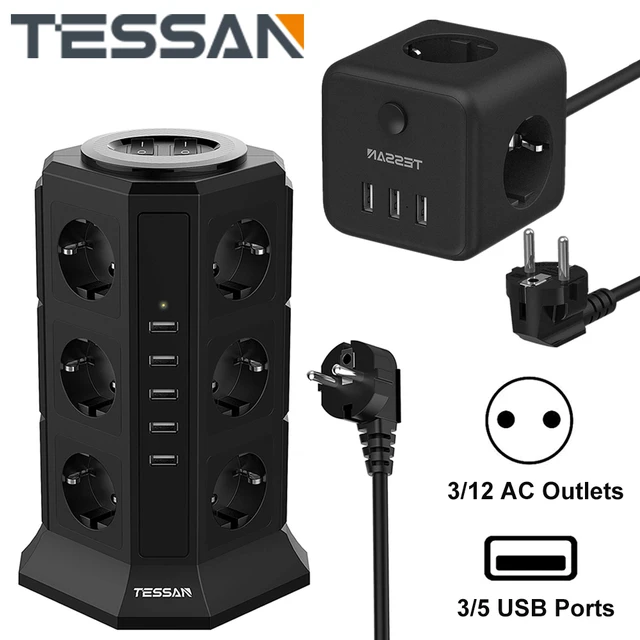 Tessan – Multiprise Tour Multiprise Avec 12 Prises, 5 Ports Usb