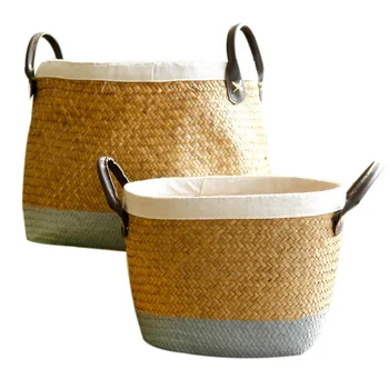 

2Pcs Pastoral Handmade Seaweed Flower Basket Blue White Edge Flower Pot Double Ear Woven Basket Rattan Storage Basket