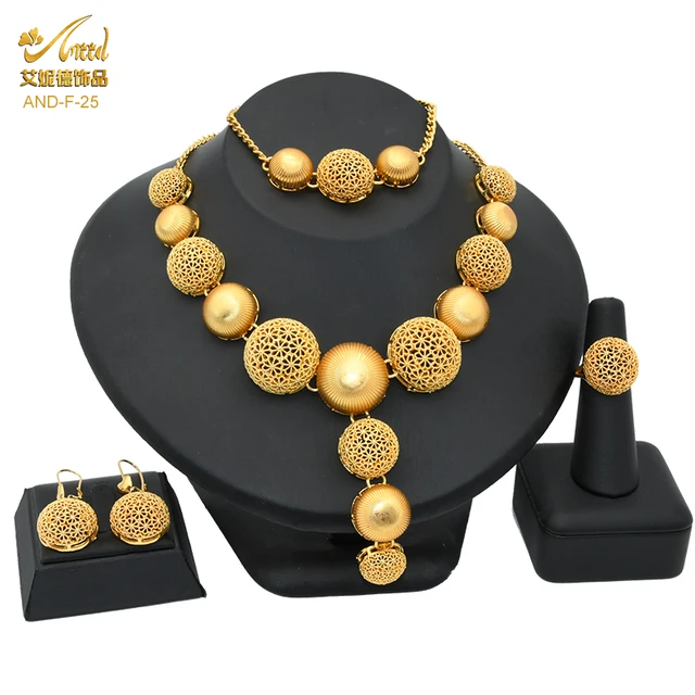 Nigerian Wedding Jewelry Set Bridal Necklace Earrings Bracelet Ring Sets Dubai Italian Gold Plated Big African 24k Jewellery Gold