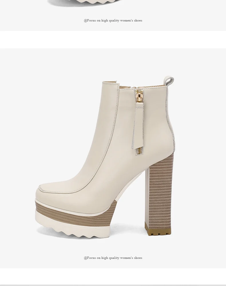 2021 Autumn Winter Women's High Heeled Thick Platform Ankle Boots with Zipper Mixed Colors Motorcycle Ladies Shoes Beige Black