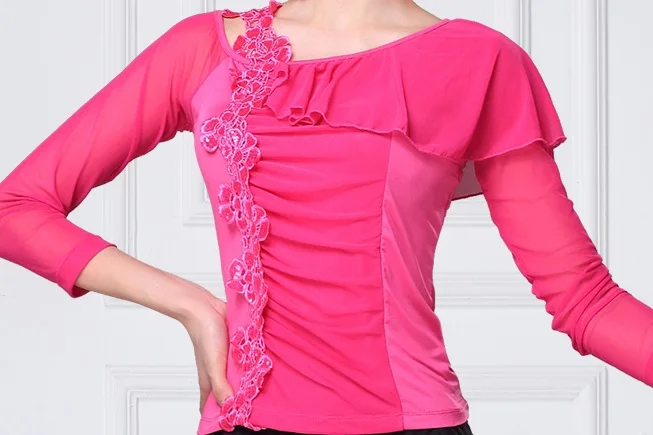 Long sleeve Бальные Танцевальные рубашки леди латинский ча танец фламенко блузки современные стандартные наряды Танго вальс Сальса Самба Топы DNV11928 - Цвет: Long sleeve
