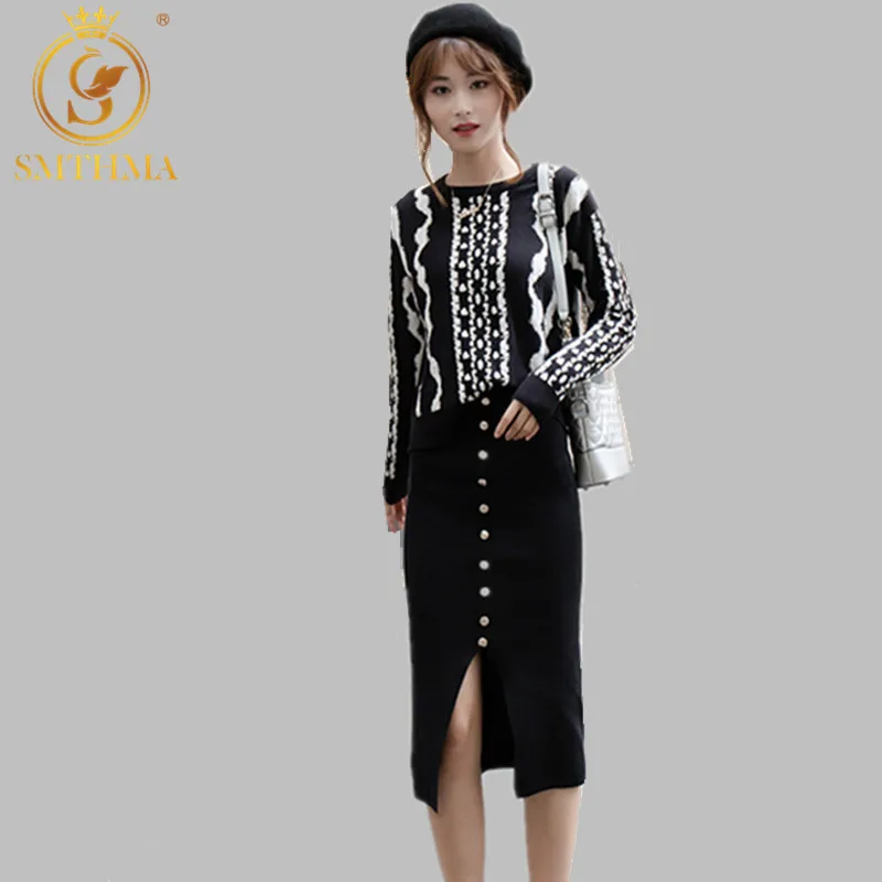 

SMTHMA New Autumn And Winter Runway two piece Set Women's Striped Knitting Sweater +High waist Single-breasted Skirt Suit