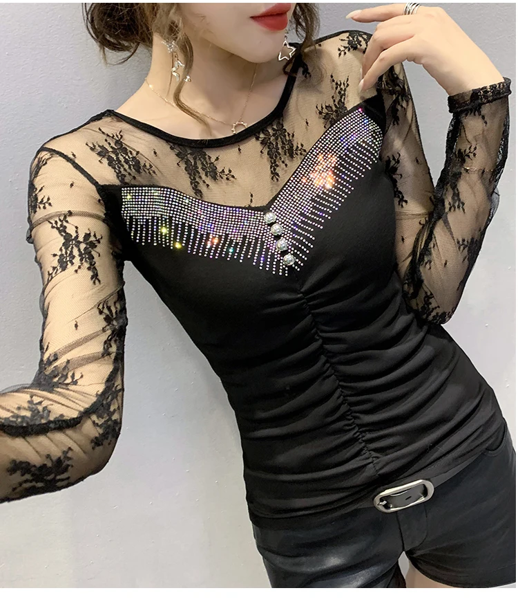 New 2020 Autumn long sleeve Women t-shirts Fashion Sexy hollow out Hot drilling Mesh shirt Plus size womens shirt blusas