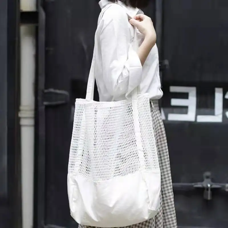 

Вместительные Женские сумки в Корейском стиле, сетчатая Холщовая Сумка-тоут на одно плечо с вырезами для песчаного пляжа