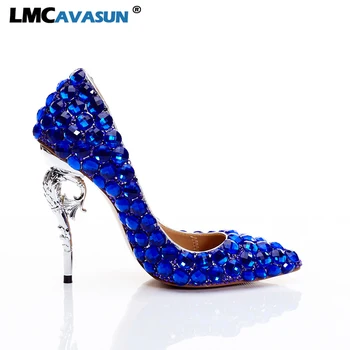 

Women shoes 2020 high heels Wedding Female pumps Genuine leather Blue rhinestone dress shoe strange heels zapatillas mujer shoe