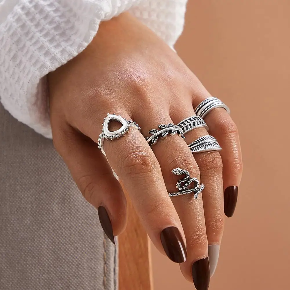 6 Mix Shape Vintage Boho Silver Color Leaf Carved Rings Set Ethnic Bohemia Punk Totem Snake Heart Knuckle Finger Midi Ring | Украшения и