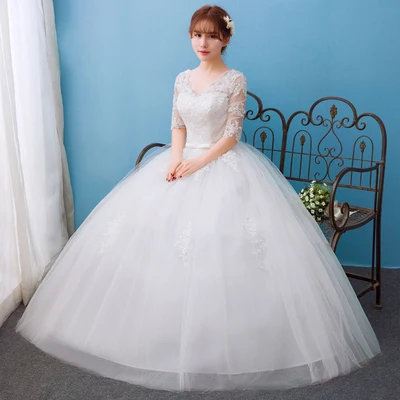 Модное свадебное платье с v-образным вырезом Vestido De Noiva, изготовленное на заказ, королевское длинное платье с аппликацией в виде поезда, кружевное с рукавами 1/2, вышивкой 72 - Цвет: floor length