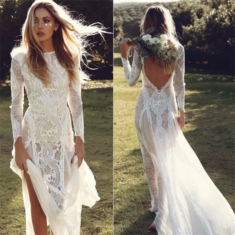 wedding gown Factory Price 100 % Real Sample Photo Long Sleeve Backless O-Neck Lace Boho Bohemian  Beach Wedding Dress Bridal Gown wedding gown