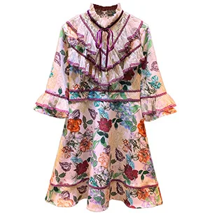 Svoryxiu High End Винтаж Платье с цветочным принтом Для женщин Flare SleeveTiered кружевным гофрированным воротником осень вечерние взлетно-посадочной полосы мини платье vestdios - Цвет: Многоцветный