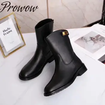 

Prowow New High Quality Genuine Leather Round Toe Slip On Ankle Boots Metal Lock Deco Autumn Winter Luxury Brand Boots Shoes Wom