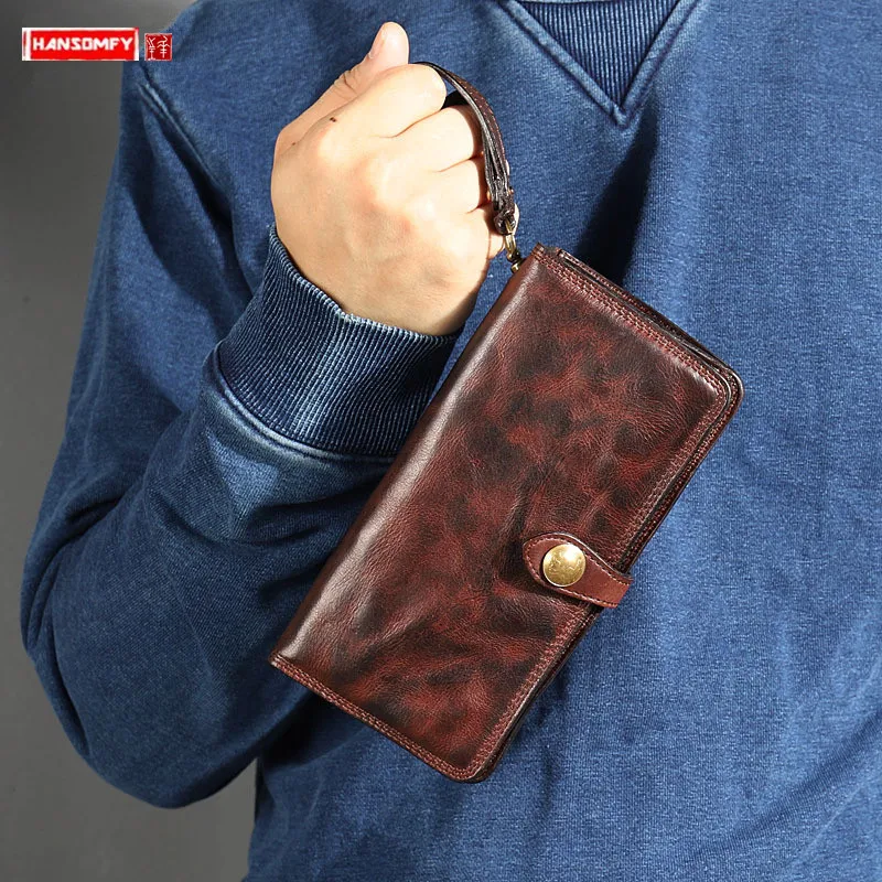 2022 New Vintage Leather Long Wallet Men's Clutch Bag Card Holder Purse Trendy Men Casual Wallets Retro Fold Soft | Багаж и сумки