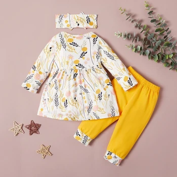 

Baby's Girl Clothes Three Piece Long Sleeved Trousers Hair Band Cute Floral Print Girls Dress Pants Spring And Autumn