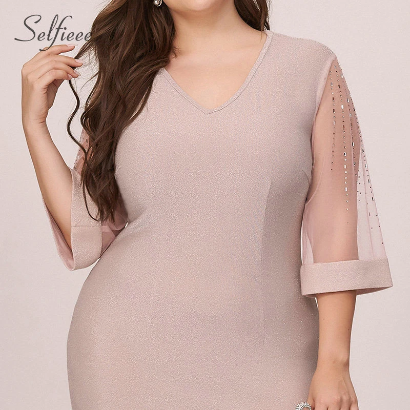 Plus Size Pink Woman Dress For Party Night Ever Pretty Mermaid V-Neck Half Sleeve Elegant Formal Dress Robe Femme 2020 ropa muje