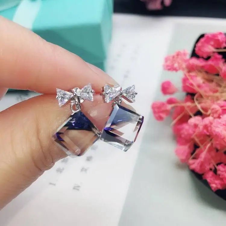 S925 Стерлинговое Серебро Изысканный aurora квадратные серьги с кристаллом темперамент серьги