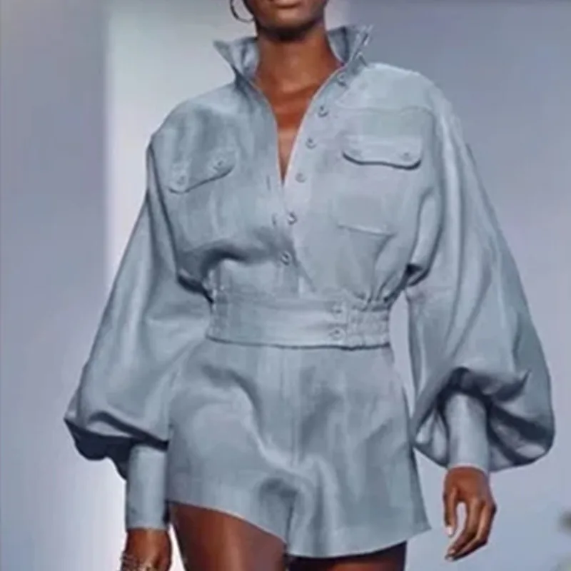 

DEAT 2019 Autumn Long Puff Sleeve Turtleneck Blue Cotton Linen Jacket Button Fly Shorts Outfits Women Two Piece Set MG232