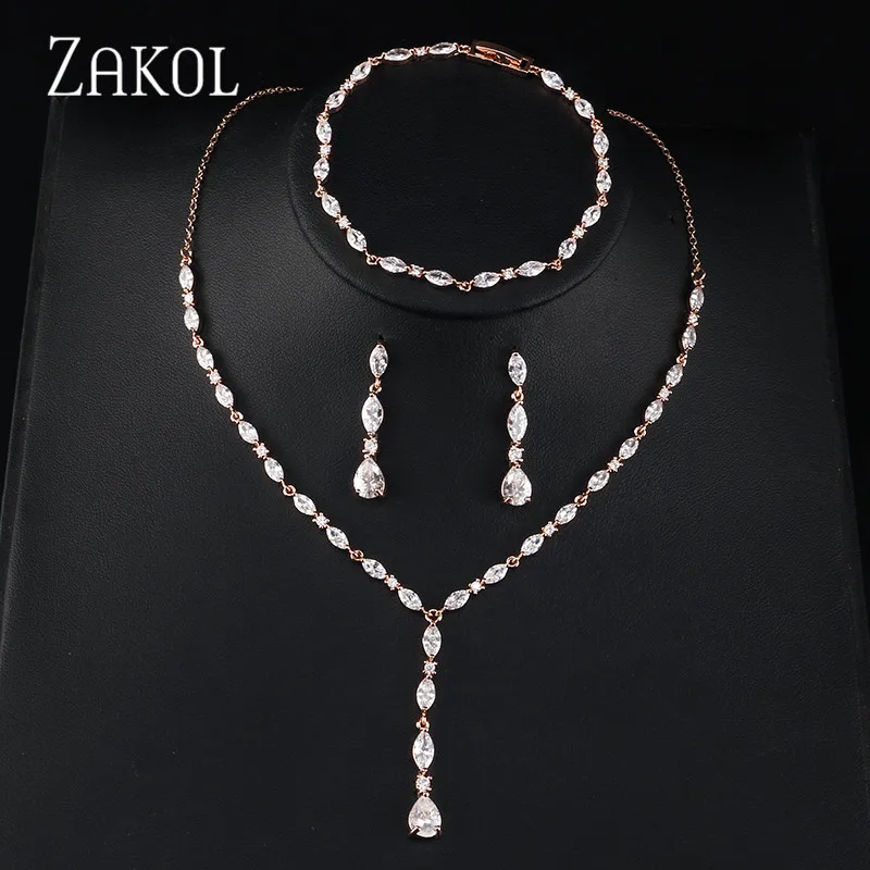 ZAKOL блестящие серьги с кристаллами циркония, ожерелье, браслеты, 3 шт. набор украшений для женщин, аксессуары к свадебному платью FSSP412