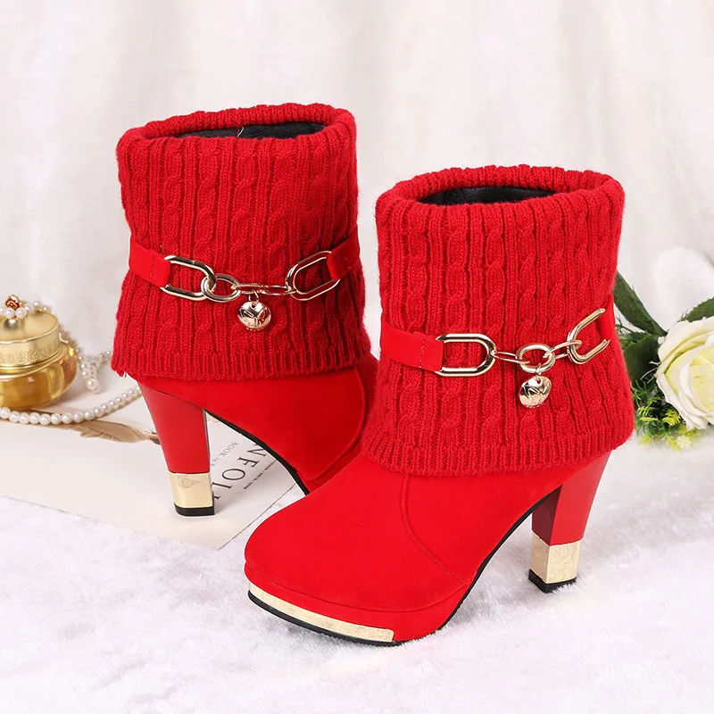 New winter 2019 boots with chunky heels high ground wool mid-leg large size 43 Martin |