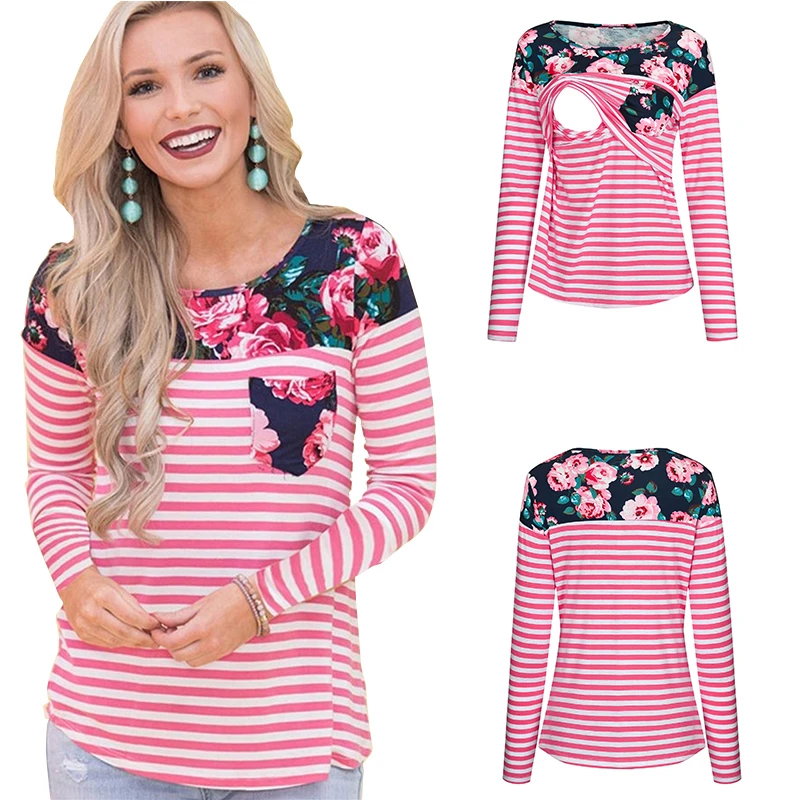 

ENXI Floral Print Stripe Patchwork Pregnancy Shirt Maternity Clothes Long Sleeve Breastfeeding Clothes Fashion Nursing Top