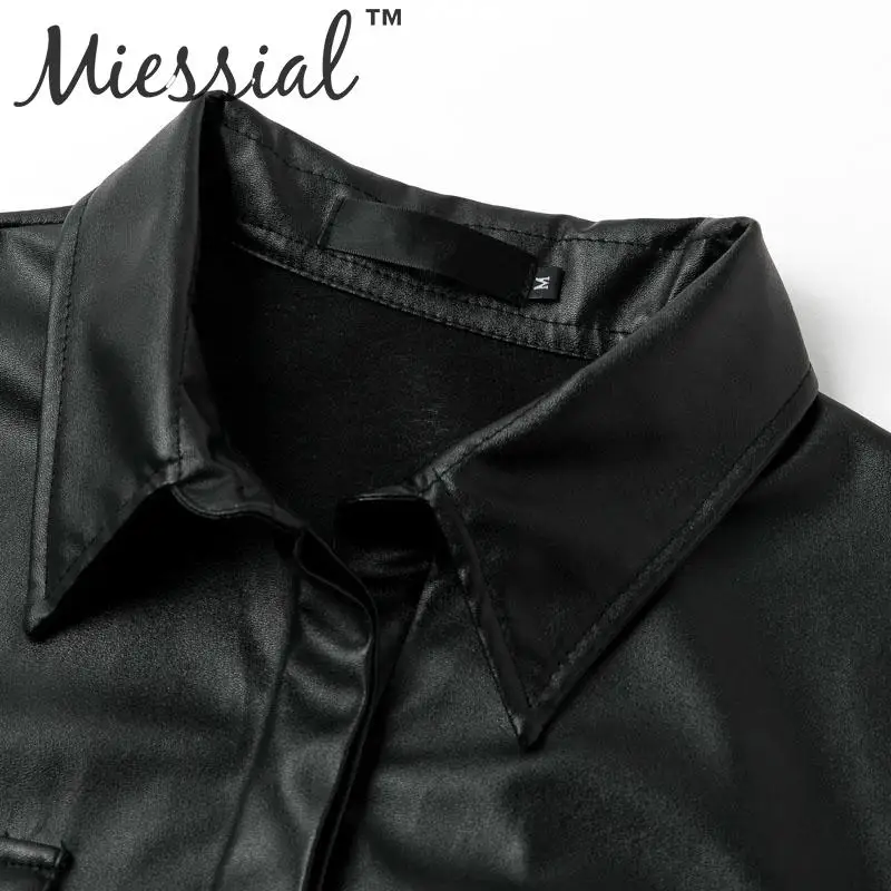 Miessial, женское офисное платье из искусственной кожи с черным поясом, женская верхняя одежда с коротким рукавом, модное платье миди, весеннее сексуальное элегантное вечернее платье