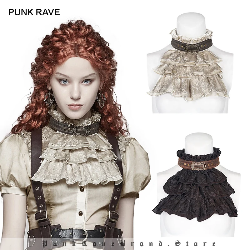

PUNK RAVE Steampunk Mesh Flower Lace Retro Pattern PU Necklines Ruffled Edges Rivets Women Steampunk Accessories Scarf