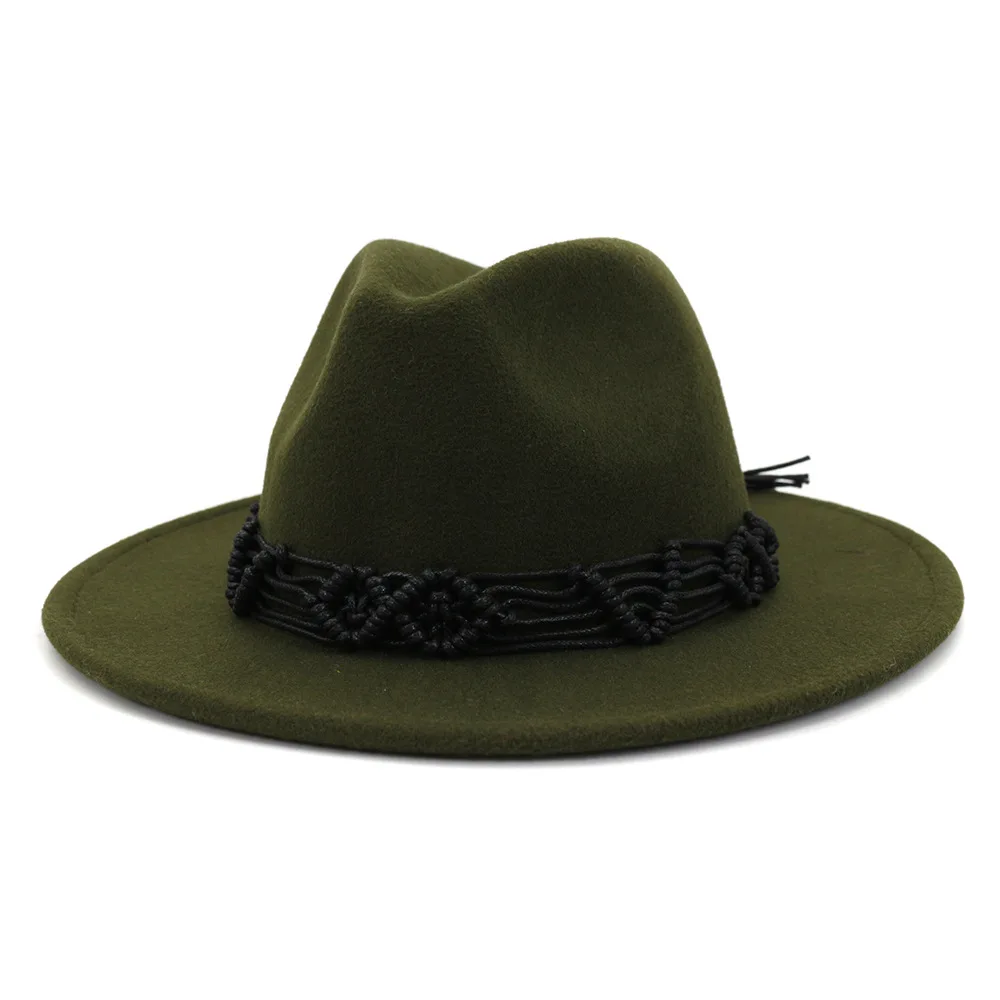 FS элегантная однотонная женская шерстяная Фетровая Шляпа Fedora Trilby, мужские шляпы с широкими полями, винтажная джазовая Кепка, красный, розовый, Sombreros Fieltro Mujer - Цвет: Army Green Fedora