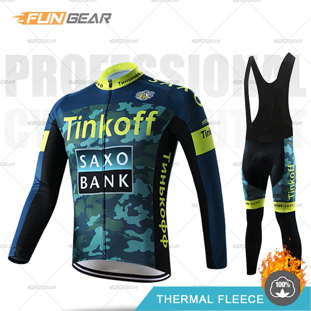 BIB SET Pro Team Tinkoff зимняя одежда для велоспорта с длинными рукавами, комплект из Джерси, теплая флисовая MTB велосипедная одежда для мужчин, форма для шоссейного велосипеда - Цвет: BIB SET