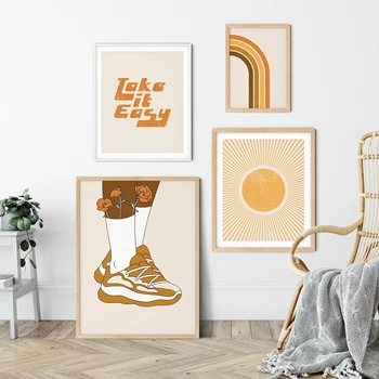 

Retro Style Art Prints 1970s Rainbow Shoes Gallery Wall Bundle 70s Typographic Poster Fashion Sun Quote Take it easy Pictures