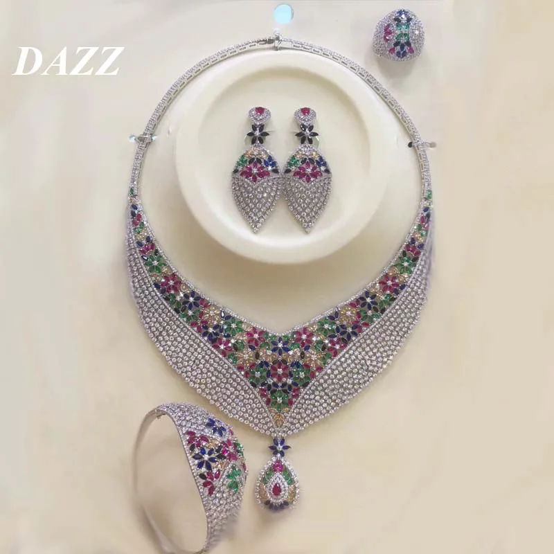 Dazz, роскошное красочное циркониевое круглое ожерелье, серьги, кольцо, браслет, нигерийский Свадебный ювелирный набор, свадебные женские ювелирные изделия из Дубаи - Окраска металла: sliver color