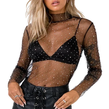 

New Sexy Women T Shirt See Through Transparent Mesh Tops Long Sleeve Sheer Slim Ladies Turtleneck T-Shirt