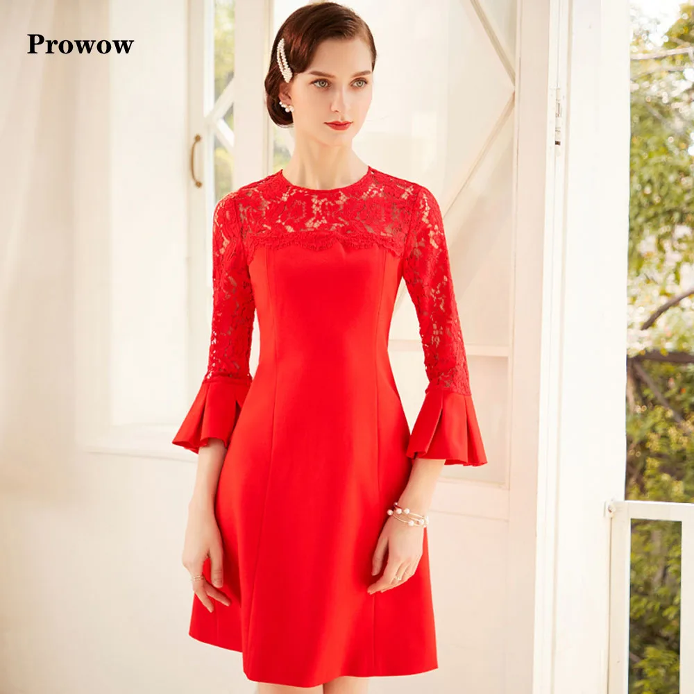Prowow, полые, кружевные, вечерние, женское, элегантное, женское, одноцветное, гипюровое, пэтчворк, миди, платья, тонкие, рукав-труба, ТРАПЕЦИЕВИДНОЕ ПЛАТЬЕ