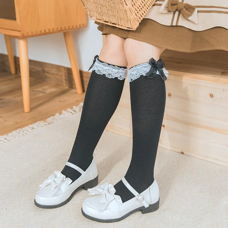 

Sweet Cotton Stockings Women Lolita High Knee Socks Woman Lace Bowknot Long Stocking Girls Elsatic Dress Streetwear calcetines