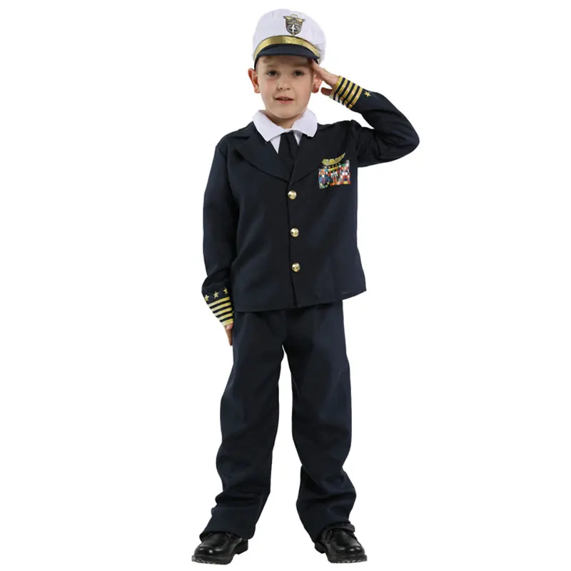 Kids Child Navy Admiral Captain Pilot Costume Uniform for Boys Halloween Purim Carnival Party Mardi Gras Fancy Dress Umorden