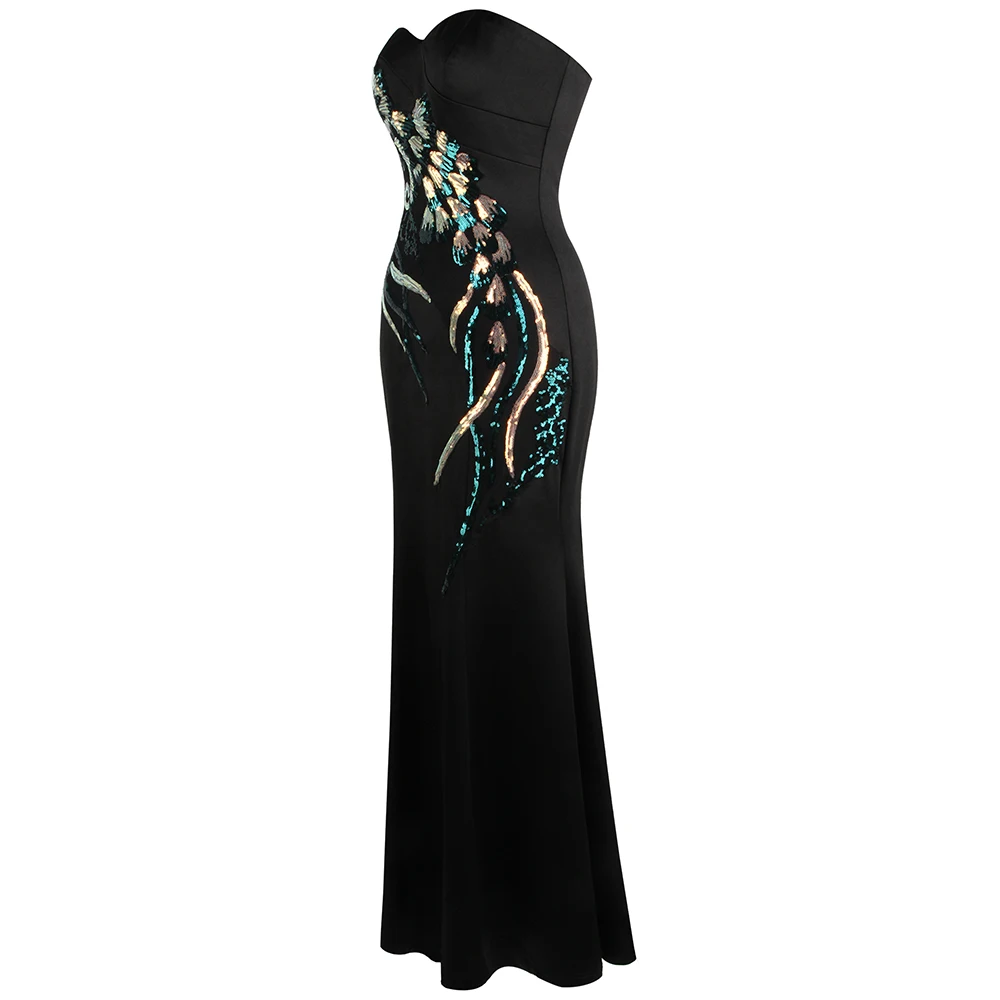 Angel-fashions женские без бретелек Цветочные блесток Длинные Русалка винтажное вечернее платье черный W-190907-S