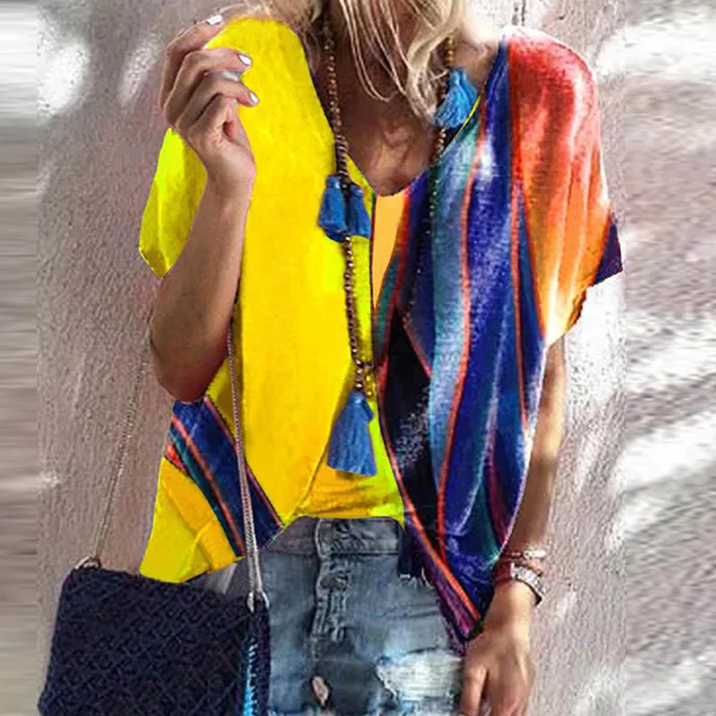 Ofertas Especiales 2021 verano elegante colorido impresión camisa con retazos de moda de las mujeres V cuello suelto Tops Jersey 5XL pantalón corto Casual manga Blusa RLwqeEXN3wV