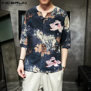

Vintage Men Shirt V Neck Half Sleeve Printed Chinese Style Cotton Streetwear Casual Shirts Camisa Masculina INCERUN S-5XL 2020