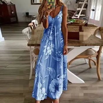 

New Women Halter V Neck Boho Dress Floral Sleeveless Long Beachwear Sundress