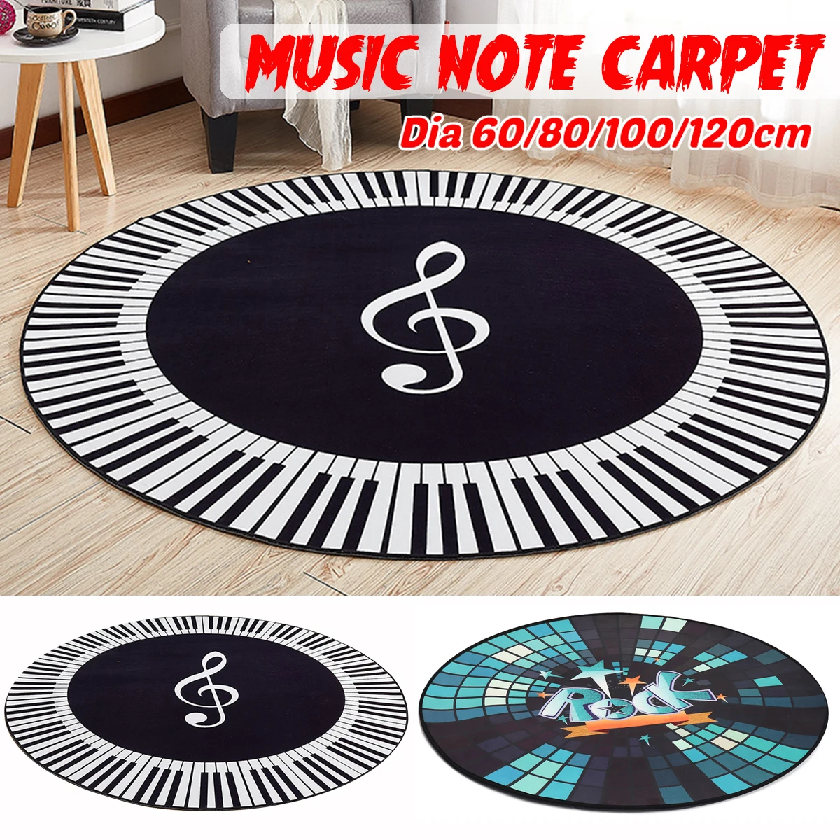 Carpet Music Symbol Piano Keys Black White Round Floor Mat Non-slip Rugs Decor 