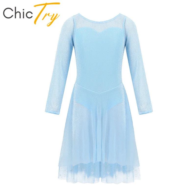 ChicTry; детское платье принцессы из тюля с длинными рукавами и снежинками; балетное платье для фигурного катания; гимнастическое трико; костюмы для лирических танцев