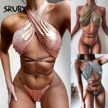 

new arrival summer brazilian bikini set women cross halter bandage snake bathing beach wear 2 piece bathing suit female