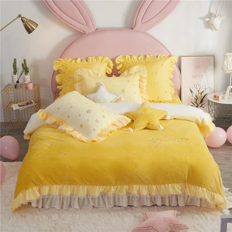 Розовый желтый набор пододеяльников для пуховых одеял с шикарными рюшами и кружевным краем высококачественный теплый мягкий бархатный флисовый комплект постельного белья для девочек и женщин простыня