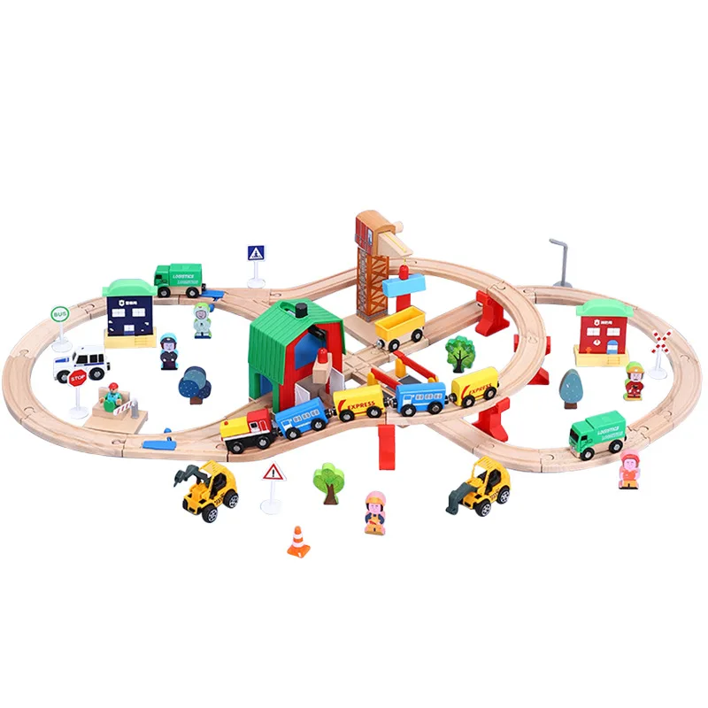 Wooden Train Track Set Wooden Railway Puzzle Slot Transit Wood Rail Transit Wood Train Railway Electric Trains Toy For Kids Gift