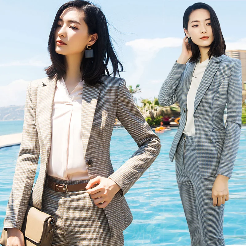 

2019 New Style Fashion Plaid Small Suit Women's Mid-length Wear Set Slim Fit Elegant Thick Business Leggings