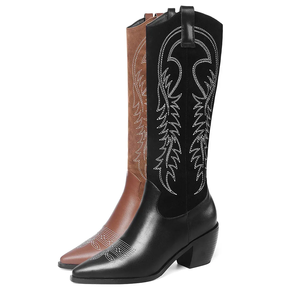 BONJOMARISA New 34-46 Brand Pointed Toe Sewing Cowboy Boots Ladies Trendy mid-calf Western Boots Lady High Heel Shoes Woman