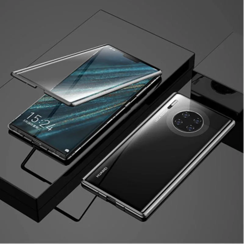 Чехол с магнитной застежкой на весь корпус для OnePlus 7T для One Plus 7T PRO чехол 360 Двусторонняя стеклянная крышка Магнитная металлическая кожа - Цвет: Черный