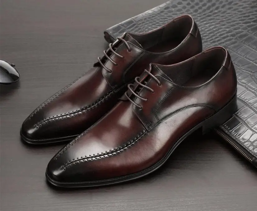 

Elegant Gentlemen Classic Genuine Cow Leather Retro Mens Formal Derby Shoes Lace Up Man Wedding Party Office Dress Shoes